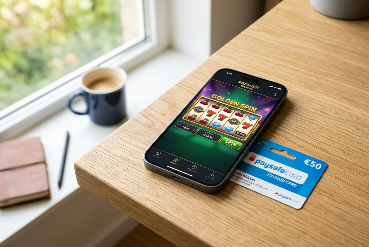 A premium smartphone displaying casino games next to a Paysafecard voucher.
