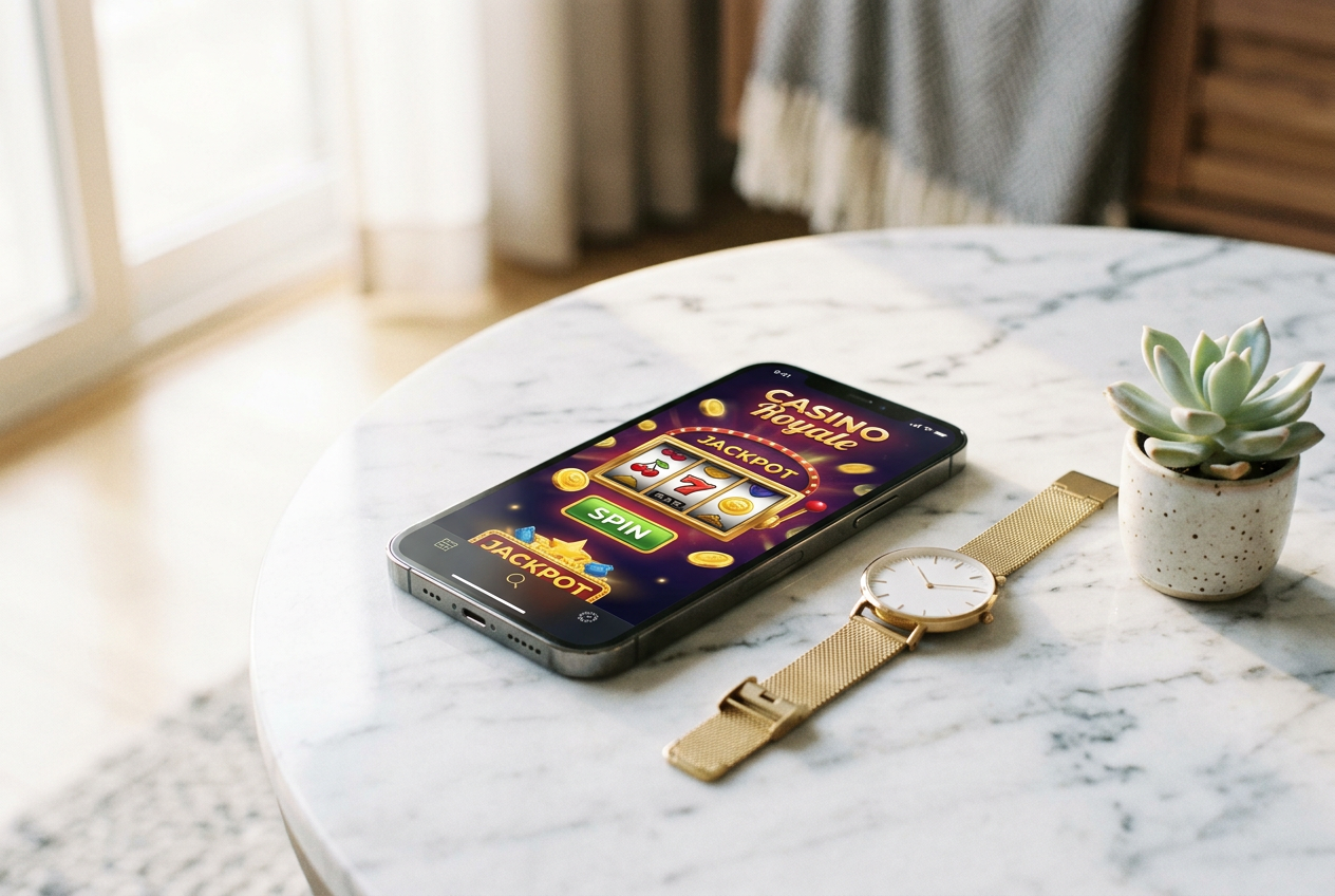 A high-end smartphone showing colorful casino games on a marble surface.